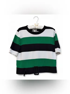 Eva Mendes New York & Co Women’s Short-sleeve Green Stripped Belted Knit Sweater thumbnail 2