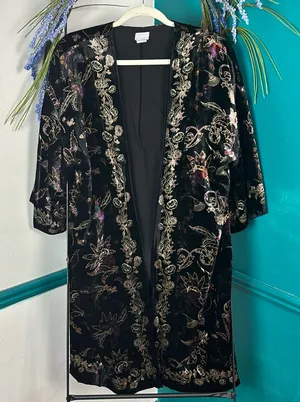 Chico's Black Crushed Velvet Jewel-Toned Floral Imprinted Oversized Boho… thumbnail 1