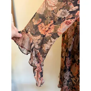 Lauren Ralph Silk Floral Ruffle Midi Dress Brown Pink boho whimsigoth 12 dainty thumbnail 3