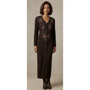 Vintage Carole Little Sweater Dress Duster Floral Embroidered Midi Wool Brown thumbnail 2
