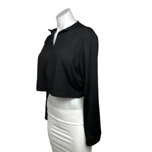 Women's Black Half Zip Long Sleeve Cropped Activewear Athletic Pullover Top XL thumbnail 2