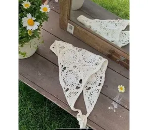 Boho Crochet Triangle Head Scarf Bandana Ivory Tie Back thumbnail 5