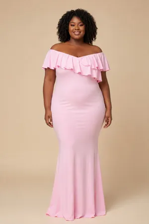 Women’s Pink Off-Shoulder Ruffle Stretch Maternity Mermaid Maxi Gown thumbnail 2