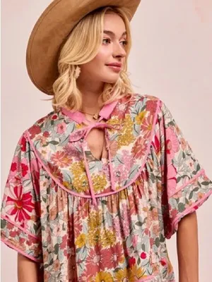 BiBi Medium Floral Boho Babydoll Blouse Pink Cottagecore Western Top Medium thumbnail 1