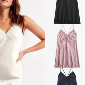 Abercrombie & Fitch Elegant Lace Trim Satin Chemise - Pink M thumbnail 3