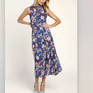 Lulus In My Dreams Blue Floral Sleeveless Chiffon Midi Dress LARGE Wedding thumbnail 3