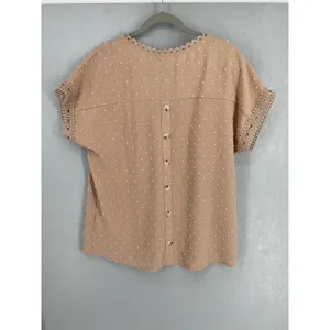 Dokotoo Womens Blouse Tan Swiss Dot Crochet Lace Trim Button Back Large thumbnail 3