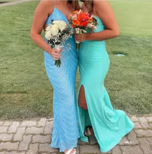 Teal prom dress with train Blue Size M thumbnail 3