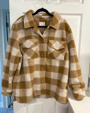 Rylee + Cru Tan and Cream Plaid Wool Sherpa Shacket Coat thumbnail 1