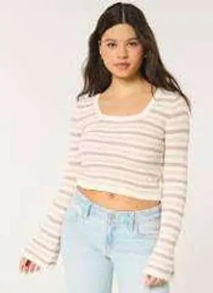 Hollister Crochet Knit Striped Knit Bell‎ Sleeve Square Neck Crop Sweater Small thumbnail 1