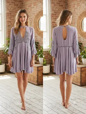Free People Lilac Crochet Lace Tunic Dress Boho Small thumbnail 14
