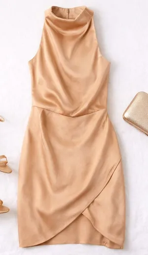 Elliatt Camo Champagne Satin Mockneck Draped Dress Tulip Hem New with Flaw thumbnail 1