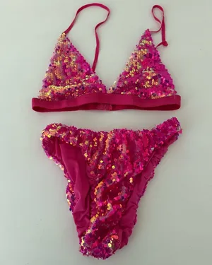 Dolls Kill Pixie Playroom Pink Iridescent Sequin Bikini Set thumbnail 1
