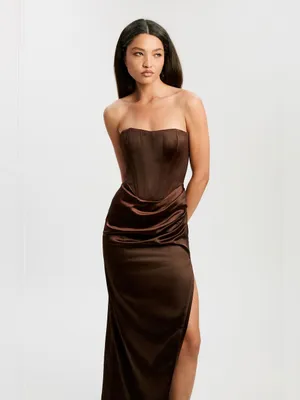 Bardot Everlasting Satin Strapless Midi Dress In Chocolate US 6 thumbnail 2