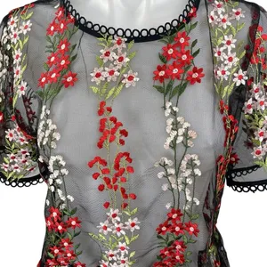 Loveriche Black Mesh Sheer Floral Embroidered Short Sleeve Peplum Blouse Top M thumbnail 3
