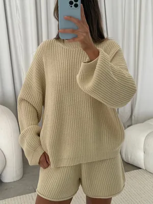 Cream Ribbed Crewneck Sweater & Knit Shorts Set thumbnail 1