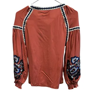 Mocha Apparel Rust Embroidered Boho Peasant Blouse Balloon Sleeve S NWT thumbnail 3