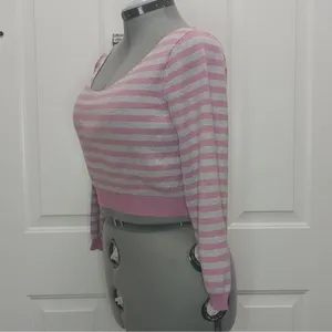 Free people gray pink striped crop off the shoulder sweater pullover size XS thumbnail 4