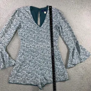 Blue Rain Shorts Romper Women M Teal Floral Bell Sleeve Crochet Boho Cottage‎ thumbnail 7