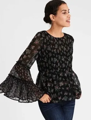 American Eagle Dark Floral Smocked Bell Sleeve Top Whimsigoth Fairy 70s Blouse M thumbnail 1
