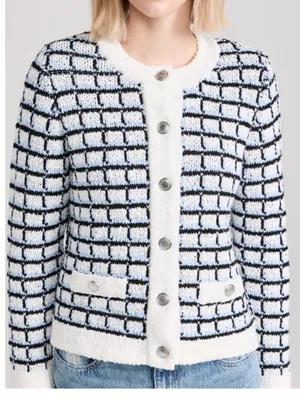 🌟 Veronica Beard 🌟 Lavigne Tweed Knit Sweater Cardigan Jacket Blue / White Xs thumbnail 3