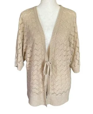 Nicole Miller women's XL tan tie front 3/4 sleeve chevron knit sweater cardigan thumbnail 1