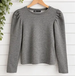 Zara grey puff sleeve crewneck sweater M thumbnail 1