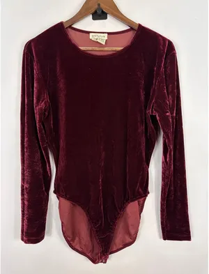 Ann Taylor Bodysuit Womens Large Burgundy Velvet Long Sleeve Vintage 90s Wine thumbnail 1