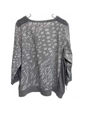 Chico's Collection Jacquard Print Gray Sweatshirt Studded Shoulders 3 (Size XL) thumbnail 2