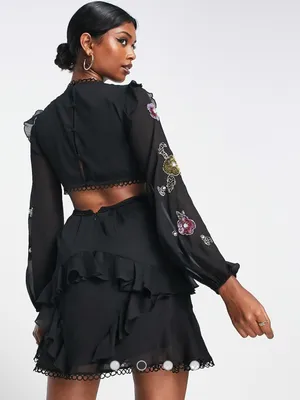 ASOS DESIGN black ruffle mini dress floral sequin pearl embellishment size 6 thumbnail 2