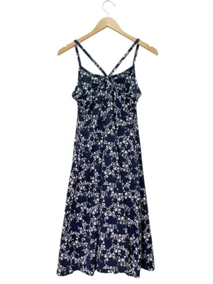 PACT Organic Cotton Fit Flare Midi Dress Size Large Navy Floral Shelf Bra Knit thumbnail 4