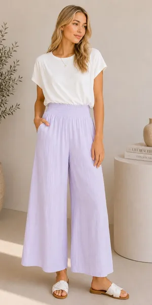 HYFVE Lavender Wide-Leg Smocked Waist Pants Pockets Large thumbnail 1