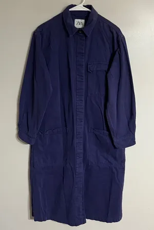 Zara Womens Blue Workwear Shop Coat Utility Longline Jacket Size Small‎ Indigo thumbnail 1