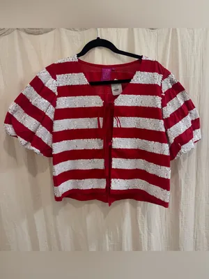 QUEEN OF SPARKLES Red & White Striped Tie-Front Puff Sleeve Crop Top thumbnail 3