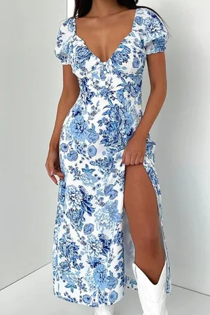 THATSOFETCH Floral Blue and White Maxi Dress Size 2 thumbnail 1
