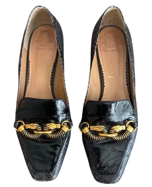 Tory Burch Jessa Horsehead Loafers Snake Patent Leather Black Gold 8.5 thumbnail 1