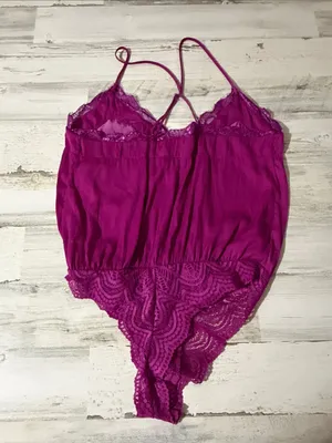 Free People Magenta Lace-Trim Satin-Look Bodysuit Size M thumbnail 5