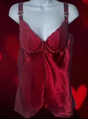Frederick’s of Hollywood Wine Red Heart Jeweled Embroidered Teddy Top XL‎ thumbnail 1
