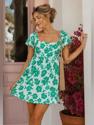 Altar’d State Cream Green‎ Floral Puff Sleeve Retro Babydoll Mini Dress thumbnail 1