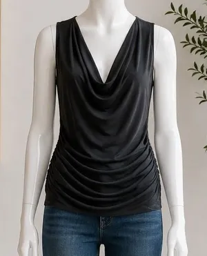 Leith Womens Blouse Cowl Neck Ruched Mesh Sleeveless Dark Gray Large thumbnail 1