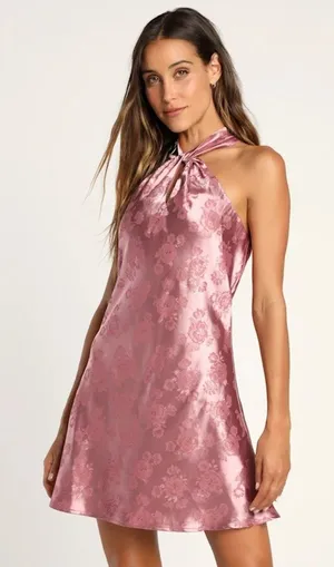 NWT Lulus Got the Key Mauve Satin Floral Jacquard Halter Mini Dress Party Sz M thumbnail 1