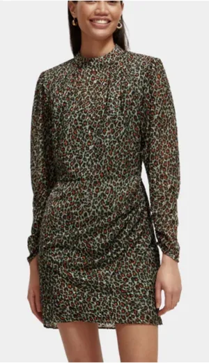 Scotch & Soda Leopard Print Mini Dress Women 34 Multicolor Mock Neck Sheer Party thumbnail 1