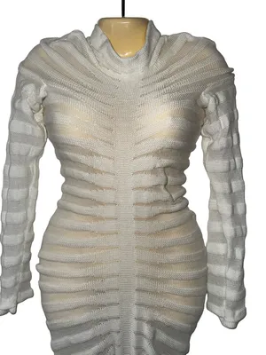 Elegant White Long-Sleeve Ribbed Sheath Dress / cover up thumbnail 2