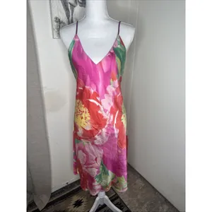 Natori Womens Sz M Botanic Print Satin Midi Slip Dress Chemise Floral Pink thumbnail 2