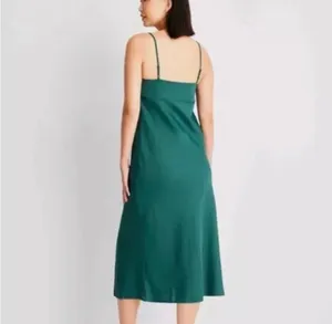 A New Day Emerald Green Slip Midi Satin Slip Dress with Front Slit thumbnail 2