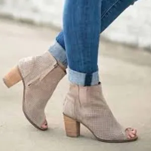 Size 12M Toms Tan Perforated Peep Toe Suede Ankle Booties thumbnail 1