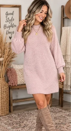 Blush Pink Plush Balloon-Sleeve Mini Dress thumbnail 1