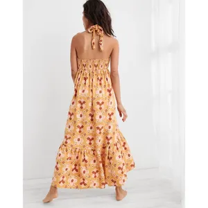 Aerie Orange Ikat Print Braided Halter Midi Dress Smocked Back Small thumbnail 2
