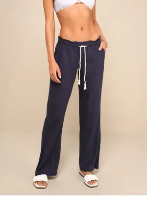 Roxy Oceanside Navy Blue Linen Drawstring Flare Pants Size L thumbnail 2