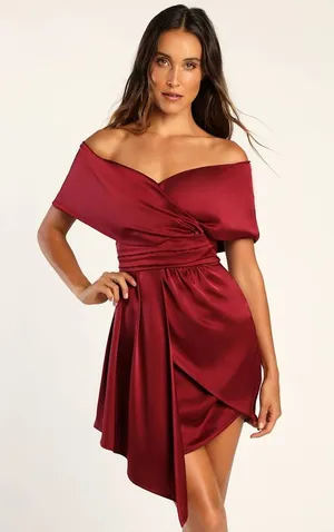 NWT Lulus Always Celebrating Burgundy Satin Off-the-Shoulder Mini Dress Party M thumbnail 1